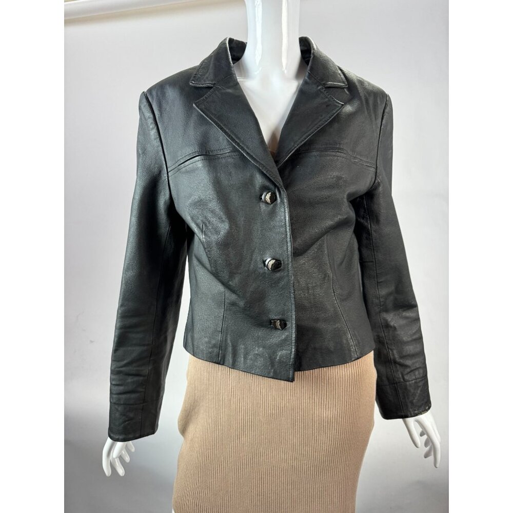 Vintage Black Leather Cropped Blazer Jacket With Unique Button Details